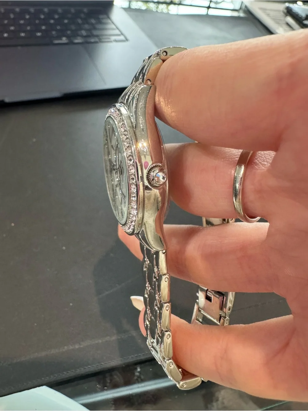 New DMQ Women's Quartz Watch – Silver Tone, Crystal Accent Bezel & Roman Numeral